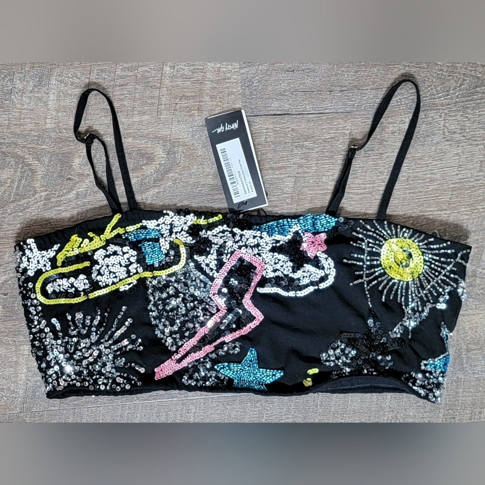 Nasty Gal Black Sequin Crop Top with Multicolor Motifs - Picture 6 of 11